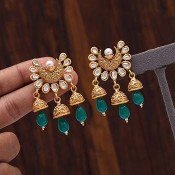 Green color matte gold earrings 2