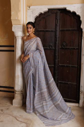 Geroo Jaipur Grey Kota Pure Cotton Hand Block Printed Saree Golden Khadi Print