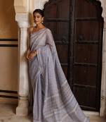 Geroo Jaipur Grey Kota Pure Cotton Hand Block Printed Saree Golden Khadi Print