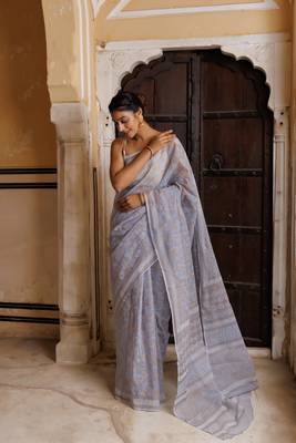   Grey Kota Pure Cotton Hand Block Printed Saree Golden Khadi Print 2