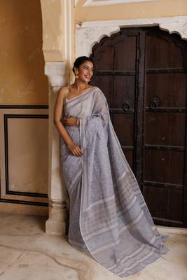   Grey Kota Pure Cotton Hand Block Printed Saree Golden Khadi Print 4