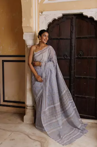   Grey Kota Pure Cotton Hand Block Printed Saree Golden Khadi Print