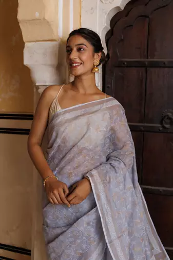   Grey Kota Pure Cotton Hand Block Printed Saree Golden Khadi Print