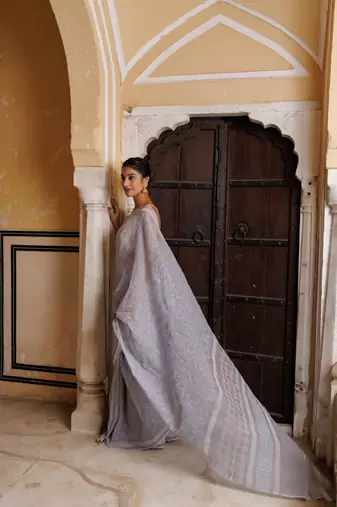   Grey Kota Pure Cotton Hand Block Printed Saree Golden Khadi Print
