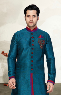 Indian Poshakh Rama Green Semi Indo Gichha Silk Kurta Pajama 2