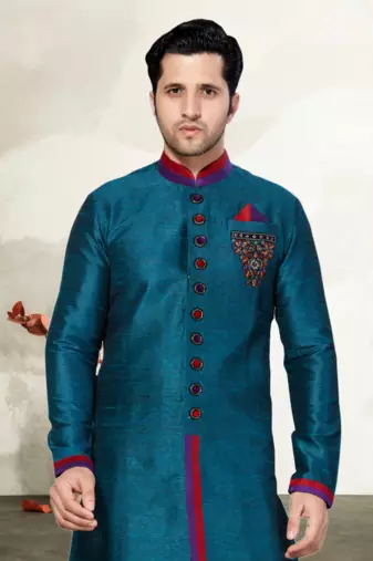 Indian Poshakh Rama Green Semi Indo Gichha Silk Kurta Pajama