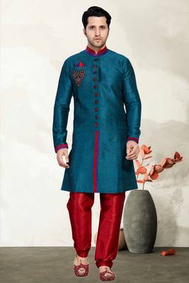 Indian Poshakh Rama Green Semi Indo Gichha Silk Kurta Pajama 3