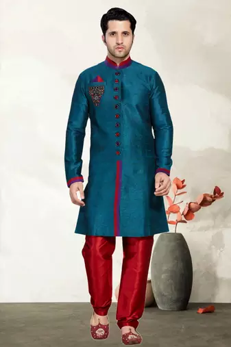 Indian Poshakh Rama Green Semi Indo Gichha Silk Kurta Pajama