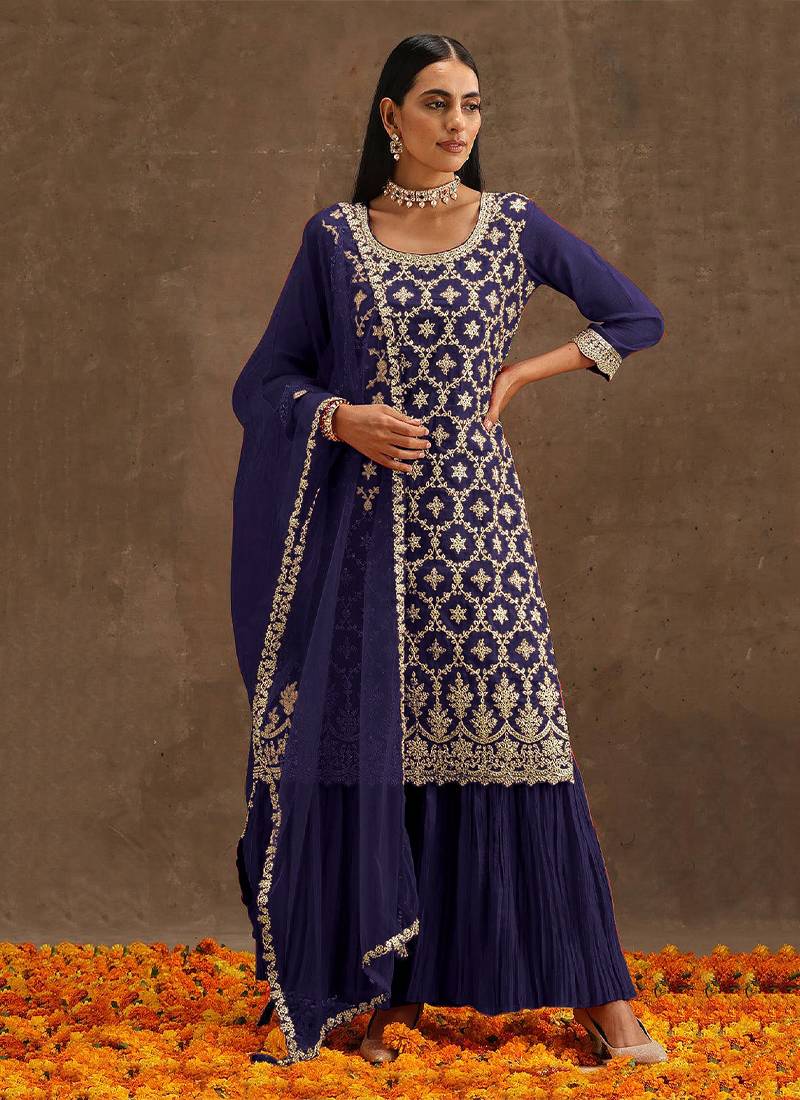 Navy Blue Festival Wear Georgette Sharara Suit For Women
