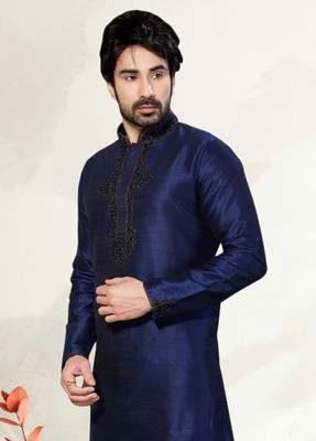 Navy Blue Art Dupion Kurta Pajama 2