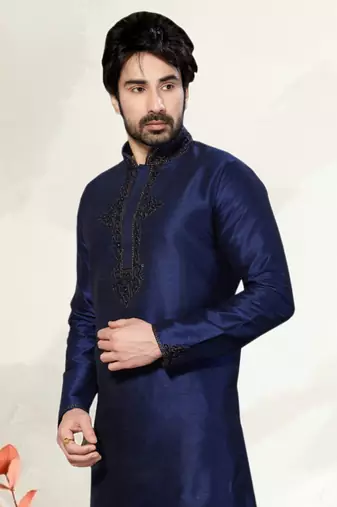 Navy Blue Art Dupion Kurta Pajama