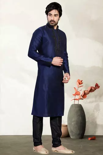 Navy Blue Art Dupion Kurta Pajama