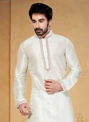 Milky White Art Dupion Kurta Pajama 2