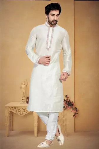 Milky White Art Dupion Kurta Pajama