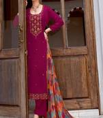 Light Wine Embroidered Cotton Silk Unstitched Dress