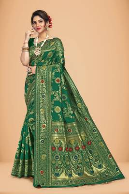 Green banarasi work silk blend womens saree with blouse 1