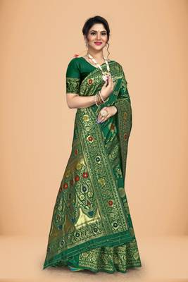 Green banarasi work silk blend womens saree with blouse 2