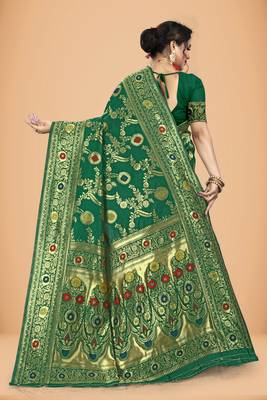 Green banarasi work silk blend womens saree with blouse 3