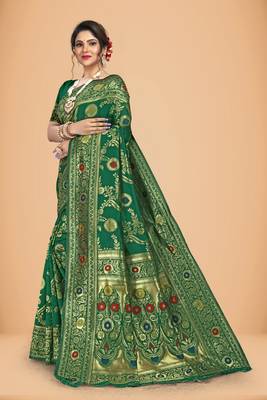 Green banarasi work silk blend womens saree with blouse 4