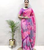Multi Colour Georgette Fabric With Digital Print Saree with Blouse
