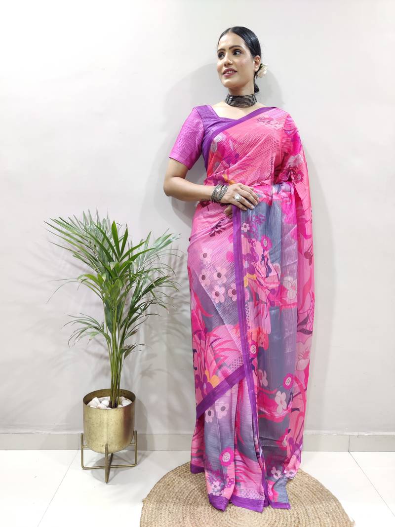 Multi Colour Georgette Fabric With Digital Print Saree with Blouse