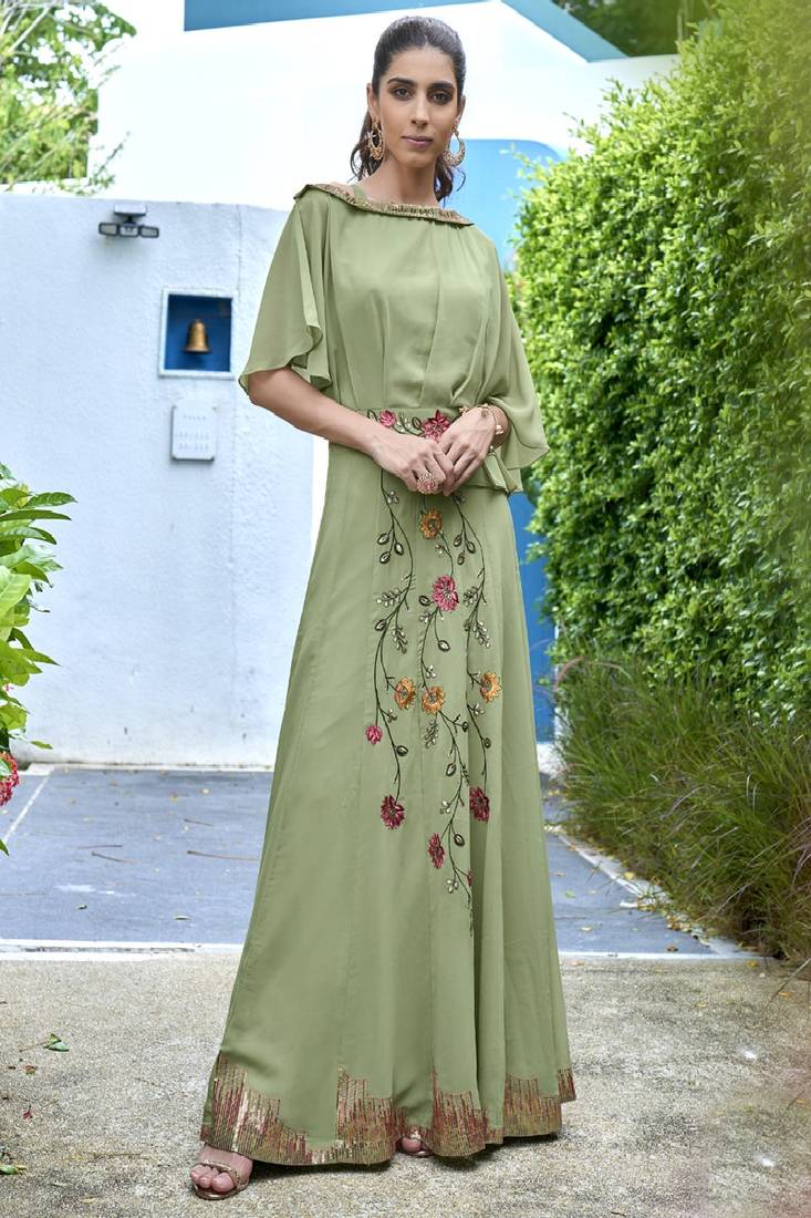 Sea Green Georgette Embroidery Pakistani Kurti - Vasu Sarees - 4181085