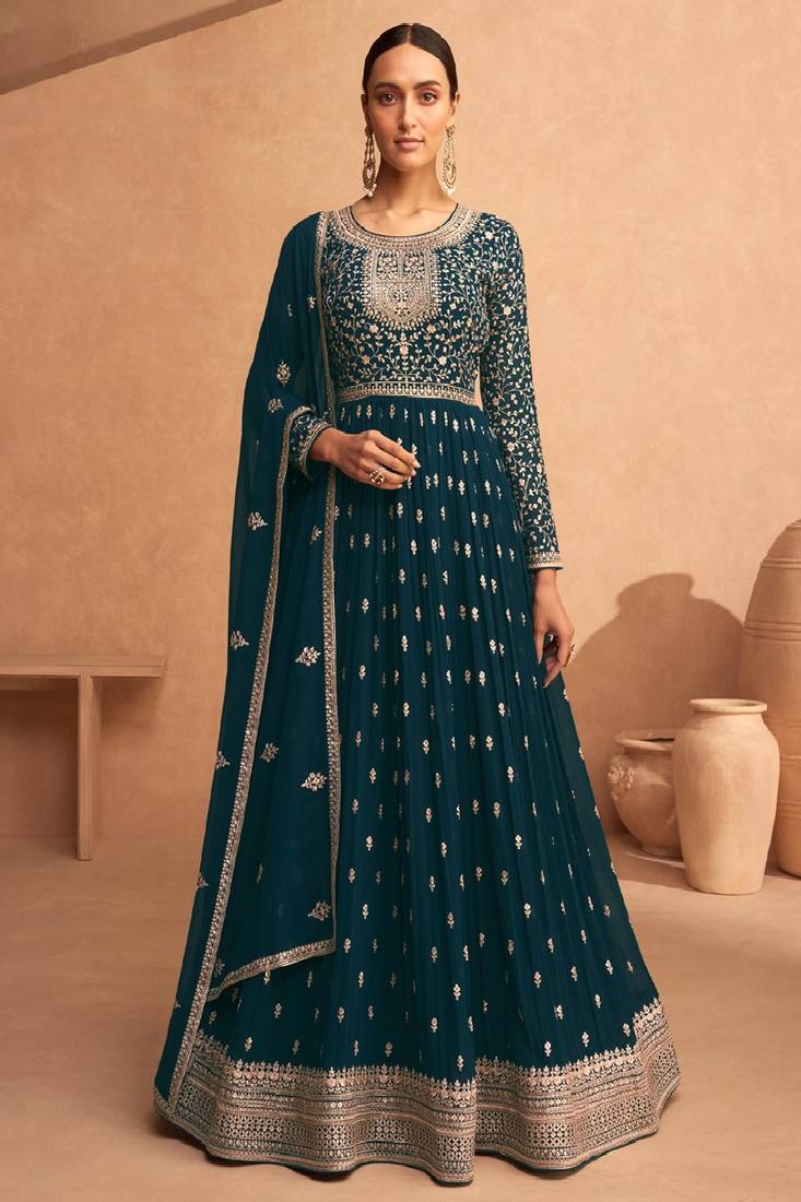 Teal Sequence Embroidery Festive Anarkali Suit