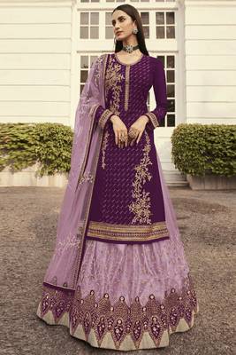Purple Pink Satin Georgette Lehenga Style Semi-Stitched Suit 1