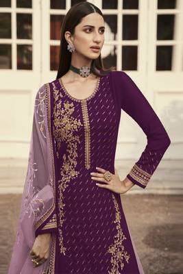 Purple Pink Satin Georgette Lehenga Style Semi-Stitched Suit 2
