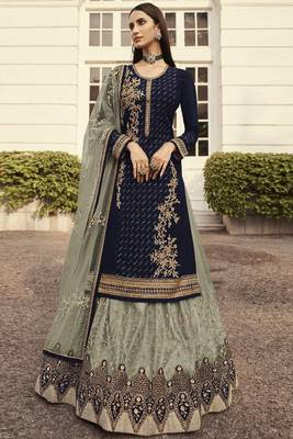 Navy Blue And Light Grey Golden Zari Embroidered Indian Lehenga Suit 1