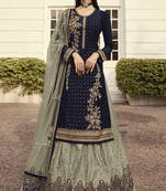 Navy Blue And Light Grey Golden Zari Embroidered Indian Lehenga Suit