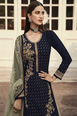 Navy Blue And Light Grey Golden Zari Embroidered Indian Lehenga Suit 2
