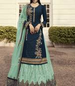 Teal Blue Turquoise Satin Georgette Lehenga Style Semi-Stitched Suit