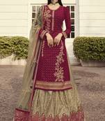 Maroon Beige Satin Georgette Lehenga Style Semi-Stitched Suit