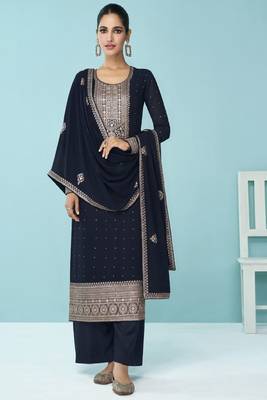 Navy Blue Georgette Embroidery Palazzo Salwar Suit 1