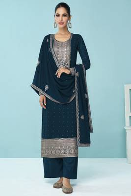 Teal Blue Georgette Embroidery Palazzo Salwar Suit 1