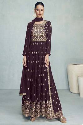 Deep Wine Multi Embroidery High Slit Style Palazzo Suit 1
