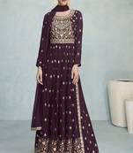 Deep Wine Multi Embroidery High Slit Style Palazzo Suit