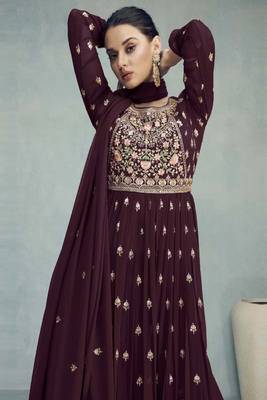 Deep Wine Multi Embroidery High Slit Style Palazzo Suit 2
