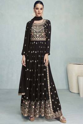 Chocolate Brown Multi Embroidery High Slit Style Palazzo Suit 1