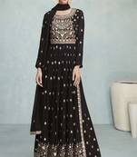 Chocolate Brown Multi Embroidery High Slit Style Palazzo Suit