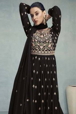 Chocolate Brown Multi Embroidery High Slit Style Palazzo Suit 2