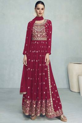 Magenta Multi Embroidery High Slit Style Palazzo Suit 1