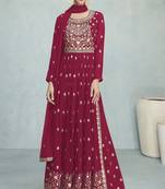 Magenta Multi Embroidery High Slit Style Palazzo Suit