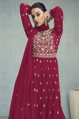 Magenta Multi Embroidery High Slit Style Palazzo Suit 2