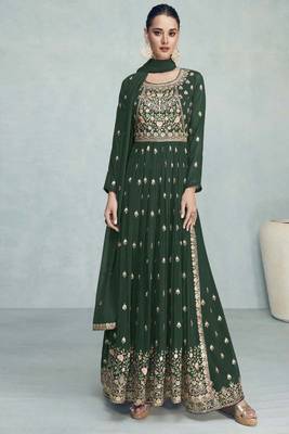 Green Multi Embroidery High Slit Style Palazzo Suit 1