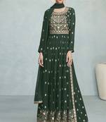 Green Multi Embroidery High Slit Style Palazzo Suit