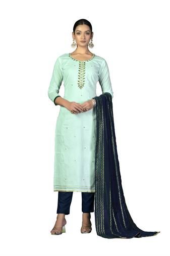 Women's sea green unstitched fancy hand work with banarasi dupatta cambric cotton dress material (m-msmfc11243a)