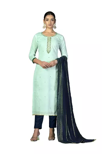 Women's sea green unstitched fancy hand work with banarasi dupatta cambric cotton dress material (m-msmfc11243a)