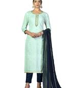 Women's sea green fancy hand work with banarasi dupatta cambric cotton dress material